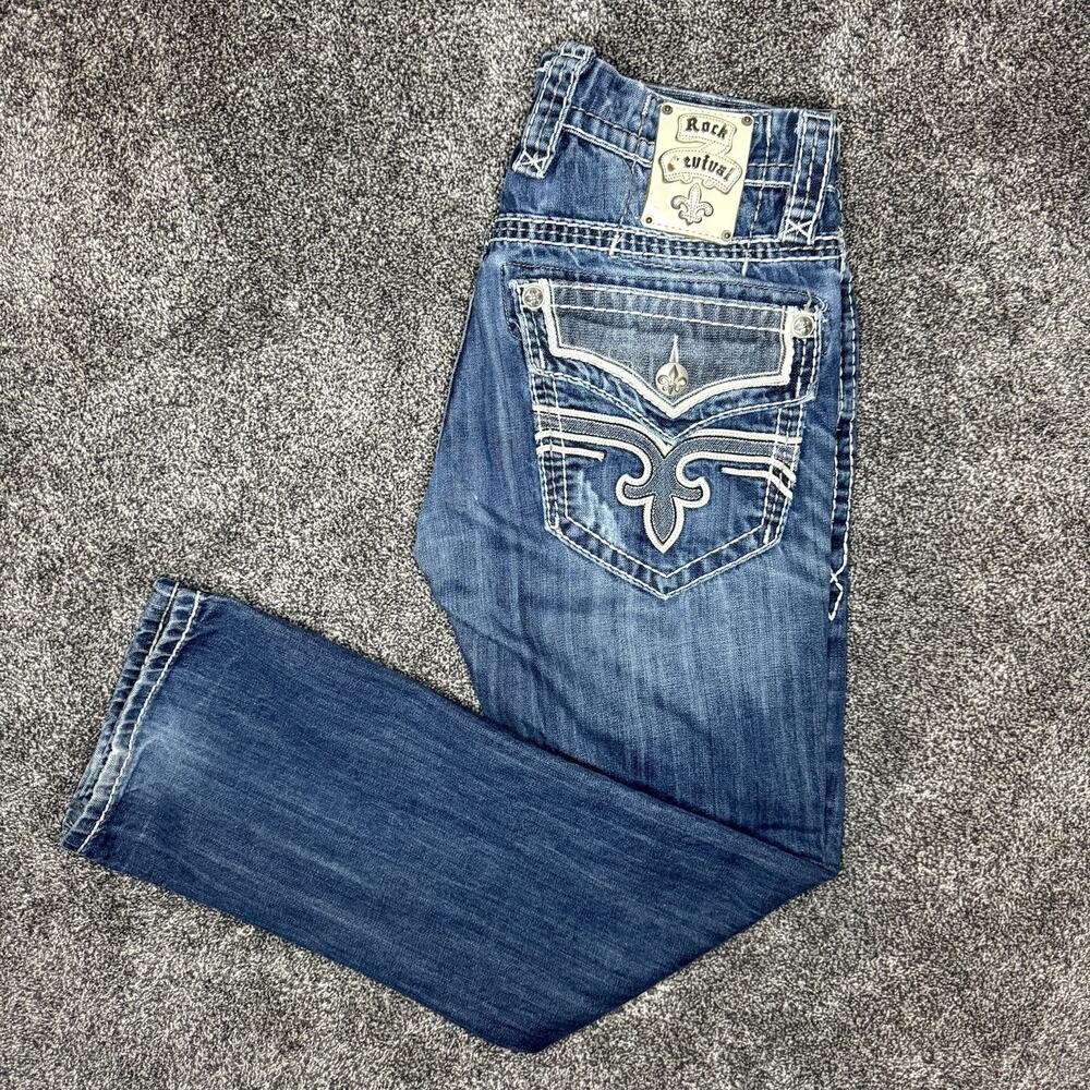Rock Revival Dino Slim Straight Jeans Mens 32 Thick Stitch Distressed Blue Denim